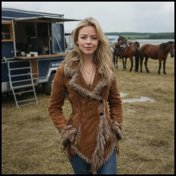 Retro Faux Leather Jacket with Faux Fur Lapel Collar Slim Fit - Picture 2 of 7